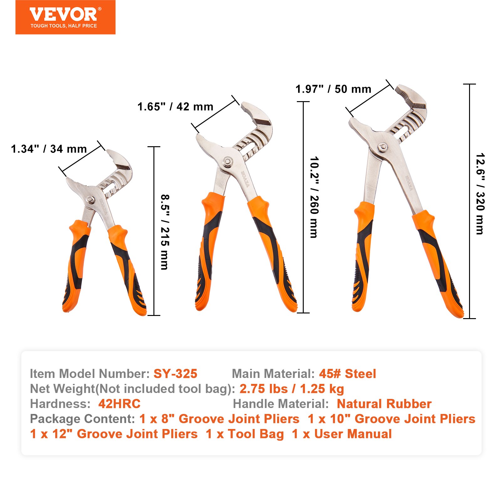 three VEVOR groove joint pliers of different sizes displayed with measurements and specifications.