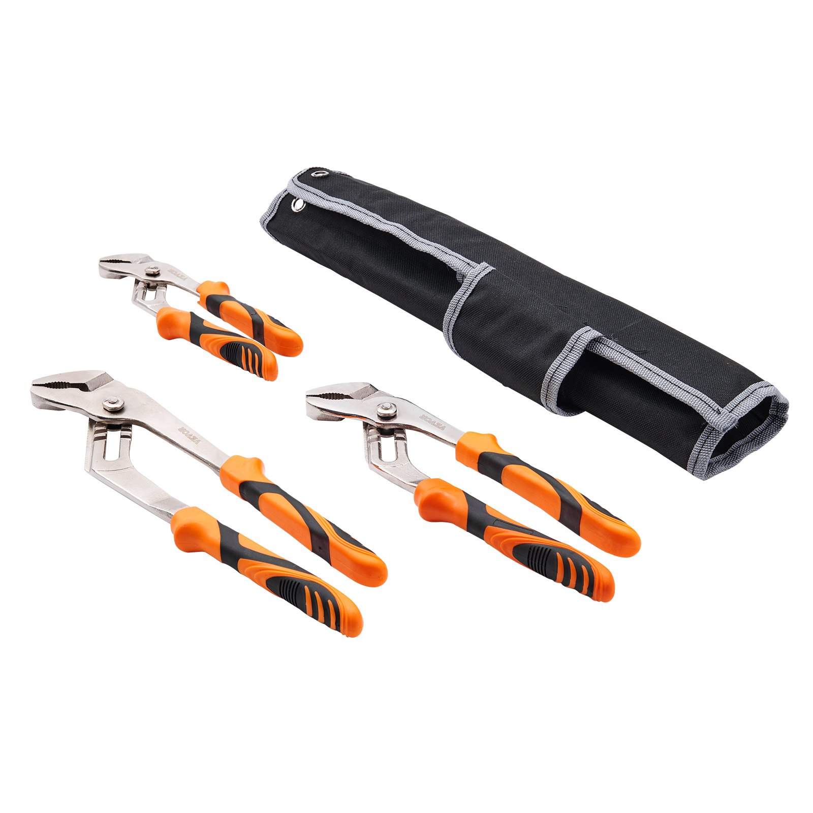 VEVOR groove joint pliers set with orange and black handles and storage pouch.