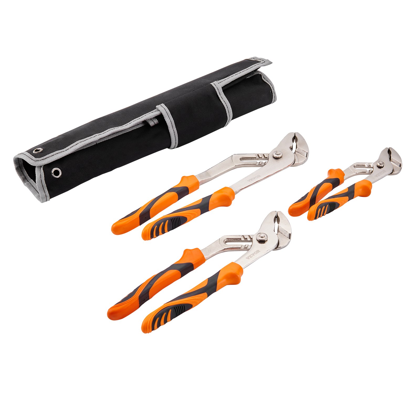 VEVOR groove joint pliers set with three orange-handled pliers and a black roll-up pouch.