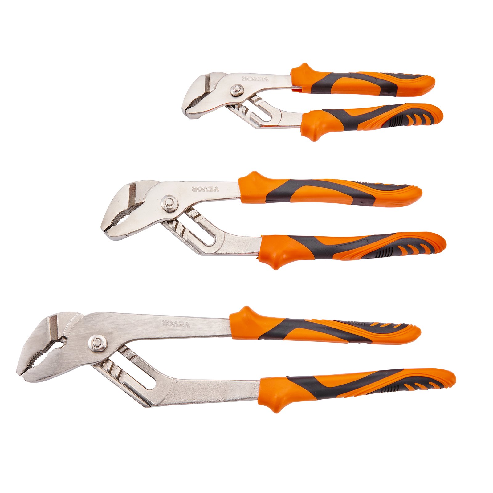 orange and black handle VEVOR groove joint pliers set in three different sizes.
