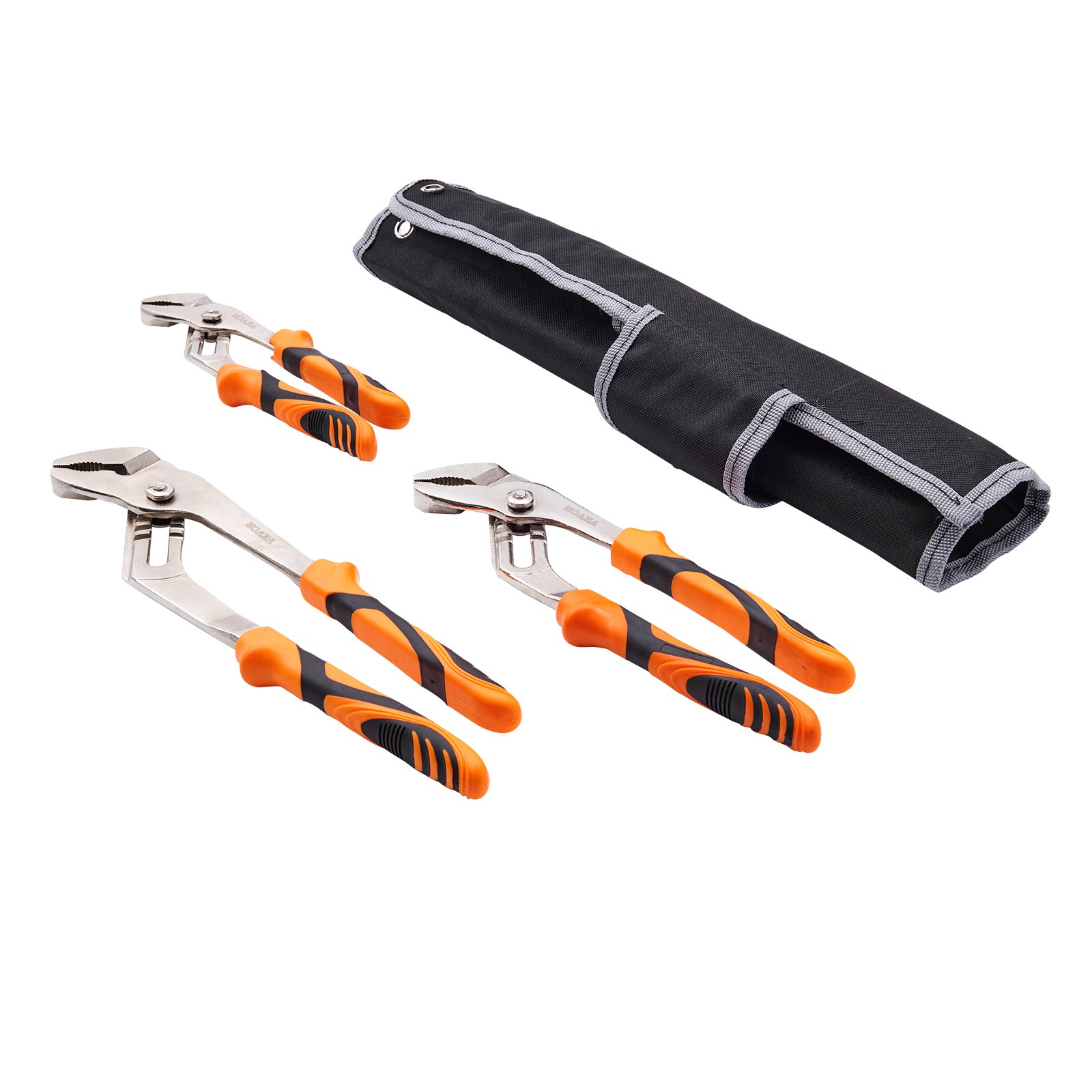 VEVOR groove joint pliers set with orange handles and a black storage roll-up pouch.