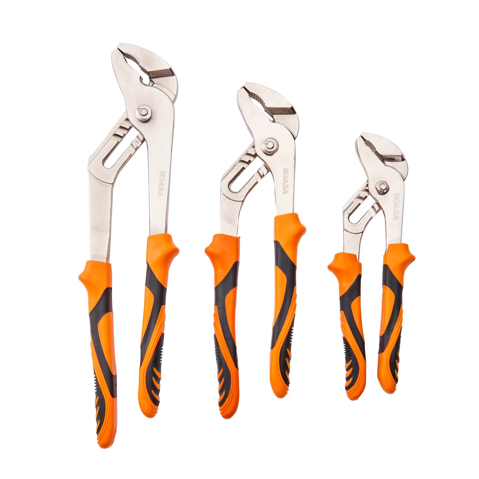 VEVOR groove joint pliers in three sizes with orange and black non-slip handles.