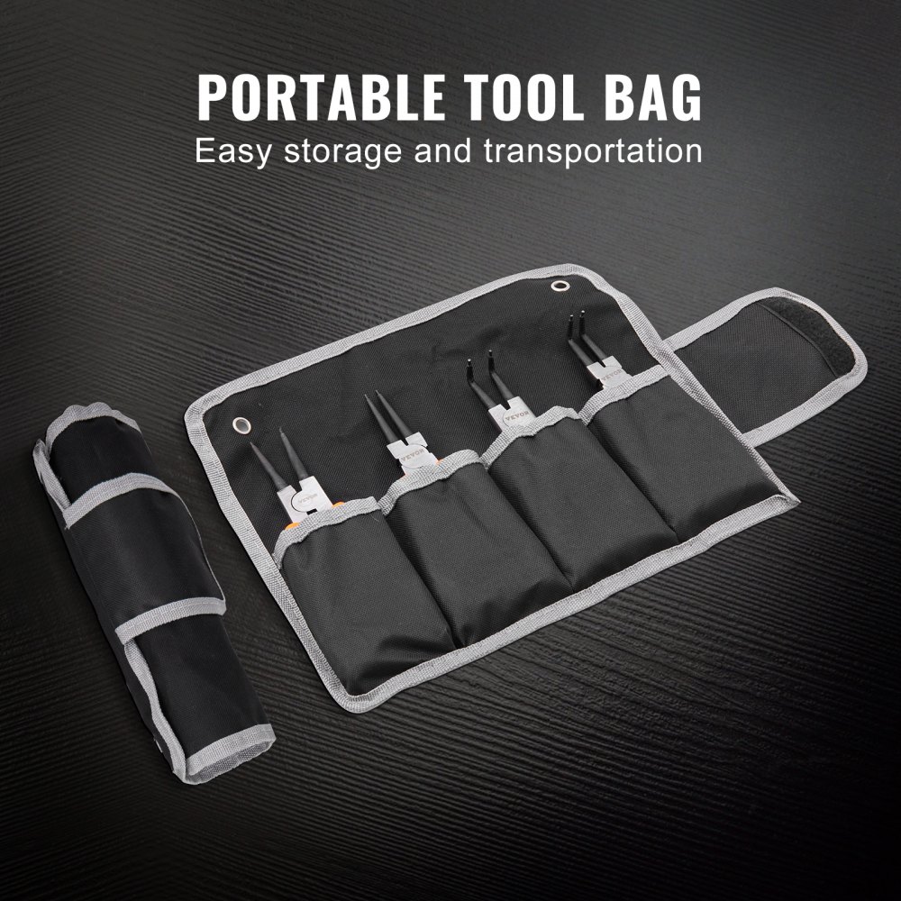 Conjunto de alicates de anel elástico VEVOR, 4 peças de 0,07" de diâmetro de ponta, mandíbula reta e dobrada de aço de alto carbono, kit de alicates de anel interno e externo para serviços pesados, com bolsa de ferramentas portátil, para retenção de removedor de anel