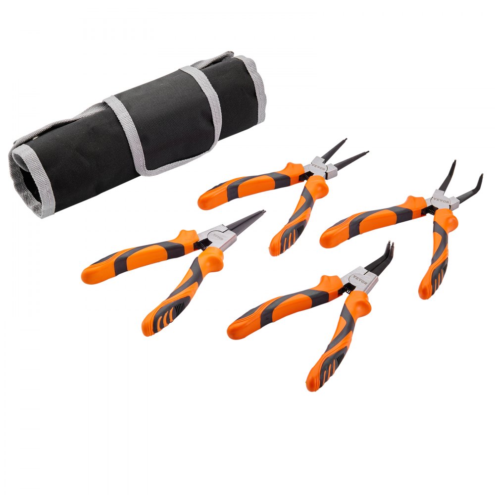 Conjunto de alicates de anel elástico VEVOR, 4 peças de 0,07" de diâmetro de ponta, mandíbula reta e dobrada de aço de alto carbono, kit de alicates de anel interno e externo para serviços pesados, com bolsa de ferramentas portátil, para retenção de removedor de anel