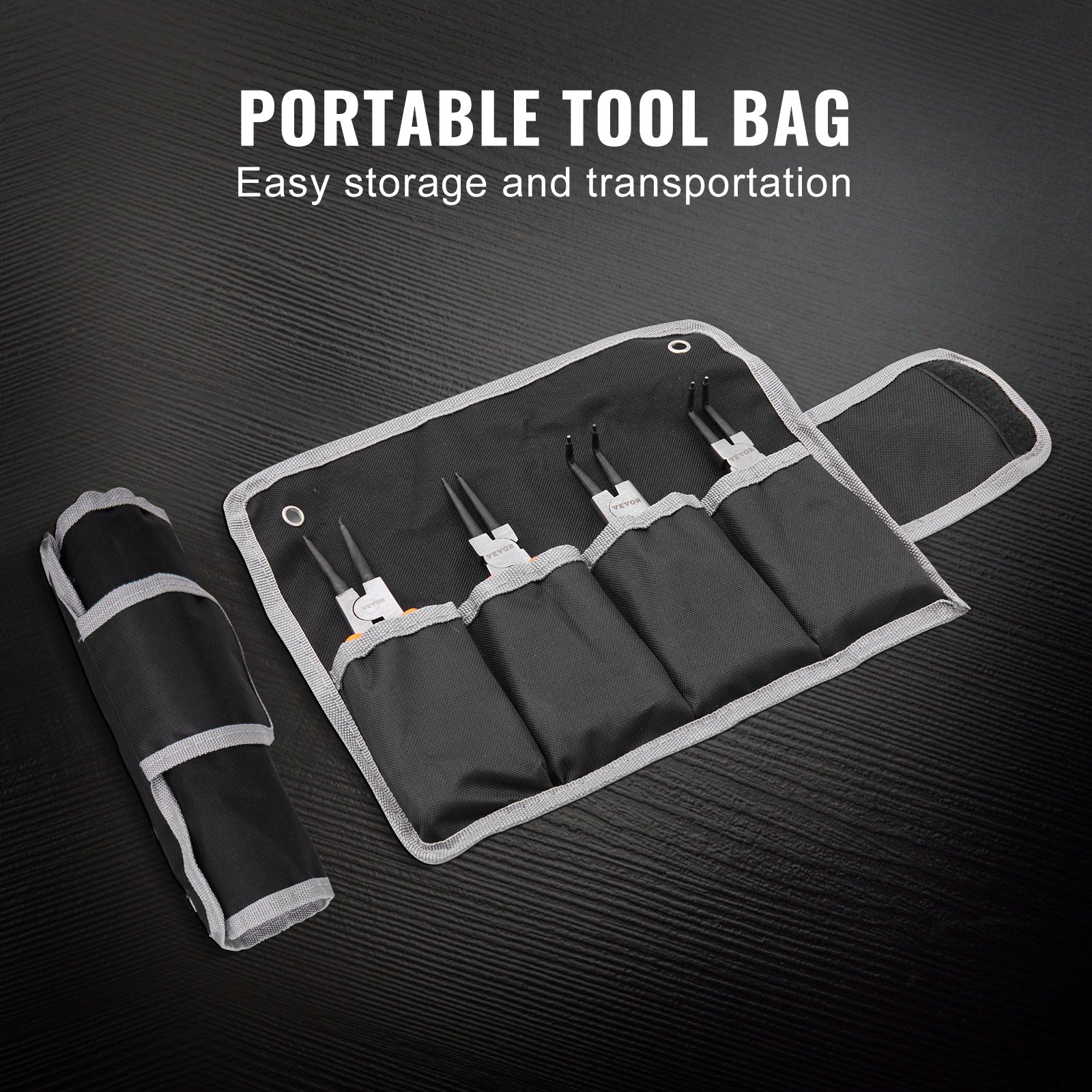 Conjunto de alicates de anel elástico VEVOR, 4 peças de 0,07" de diâmetro de ponta, mandíbula reta e dobrada de aço de alto carbono, kit de alicates de anel interno e externo para serviços pesados, com bolsa de ferramentas portátil, para retenção de removedor de anel