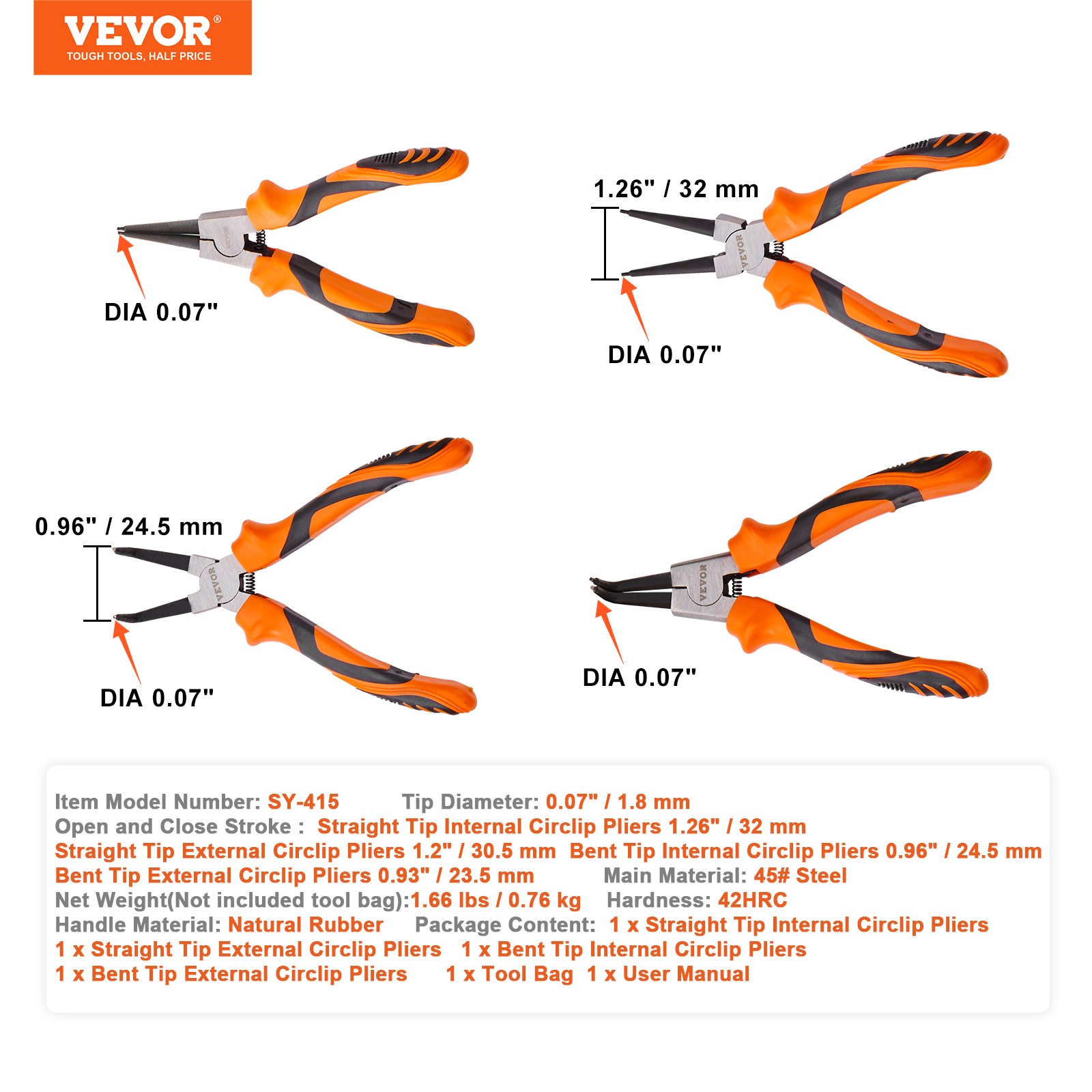 Conjunto de alicates de anel elástico VEVOR, 4 peças de 0,07" de diâmetro de ponta, mandíbula reta e dobrada de aço de alto carbono, kit de alicates de anel interno e externo para serviços pesados, com bolsa de ferramentas portátil, para retenção de removedor de anel