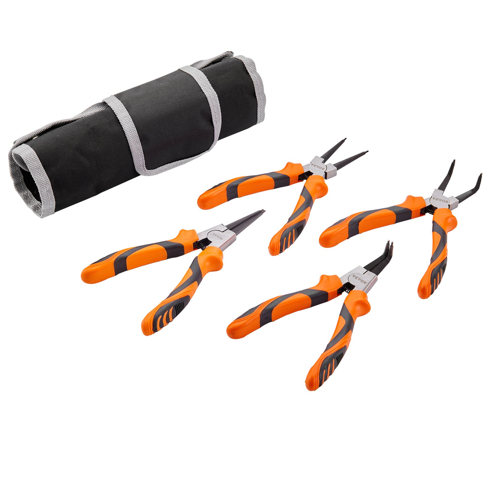 Conjunto de alicates de anel elástico VEVOR, 4 peças de 0,07" de diâmetro de ponta, mandíbula reta e dobrada de aço de alto carbono, kit de alicates de anel interno e externo para serviços pesados, com bolsa de ferramentas portátil, para retenção de removedor de anel