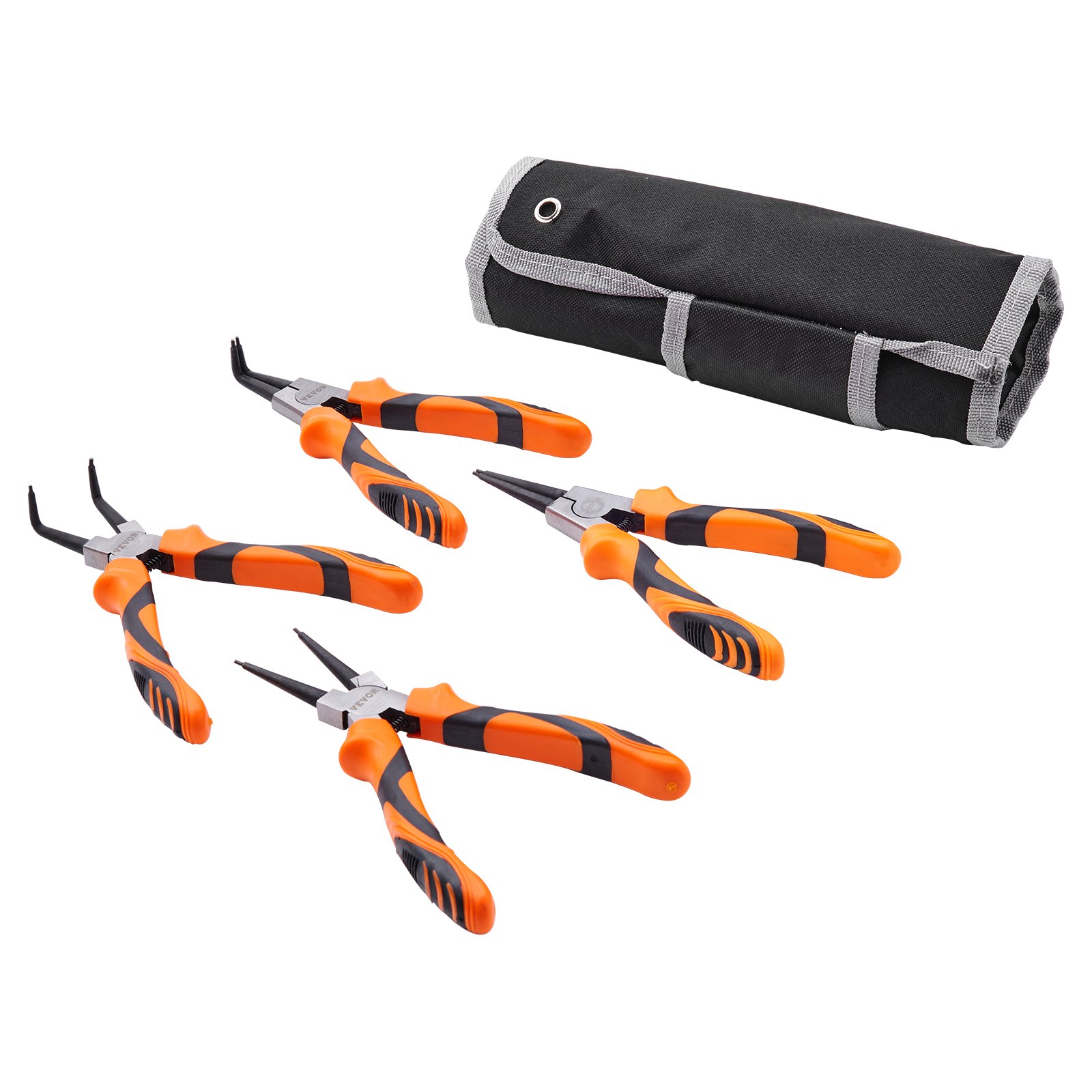 Conjunto de alicates de anel elástico VEVOR, 4 peças de 0,07" de diâmetro de ponta, mandíbula reta e dobrada de aço de alto carbono, kit de alicates de anel interno e externo para serviços pesados, com bolsa de ferramentas portátil, para retenção de removedor de anel