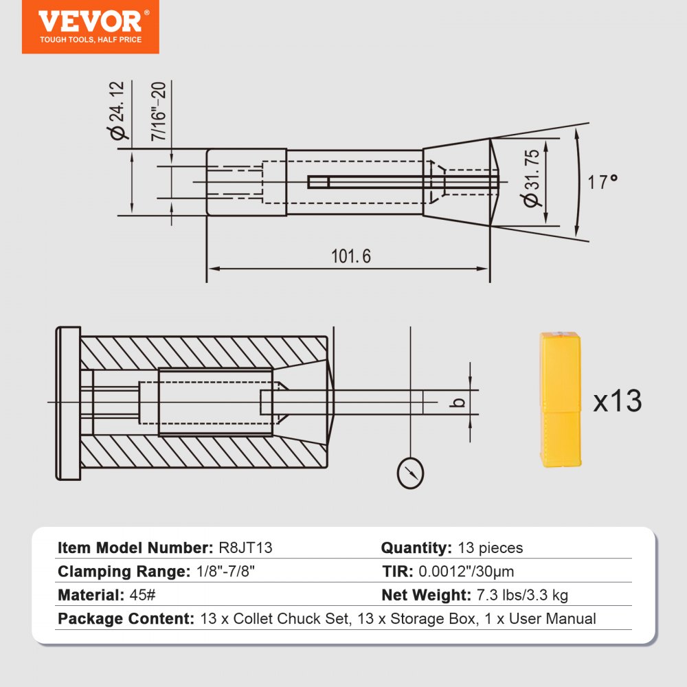 VEVOR 13 pcs Precision R8 Collet Set, 1/8'' - 7/8'', 45# Mill Collet Chuck 0.0012"/30μm TIR with 13 Labeled Storage Boxes, for Milling Machine Drill Presses Boring Machine Machining Center