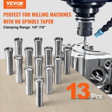 VEVOR 13 pcs Precision R8 Collet Set, 1/8'' - 7/8'', 45# Alloy Steel Mill Collet Chuck 0,0012"/30μm TIR with 13 Labeled Storage Boxes, for Milling Machine Drill Presses Boring Machine Machining Center