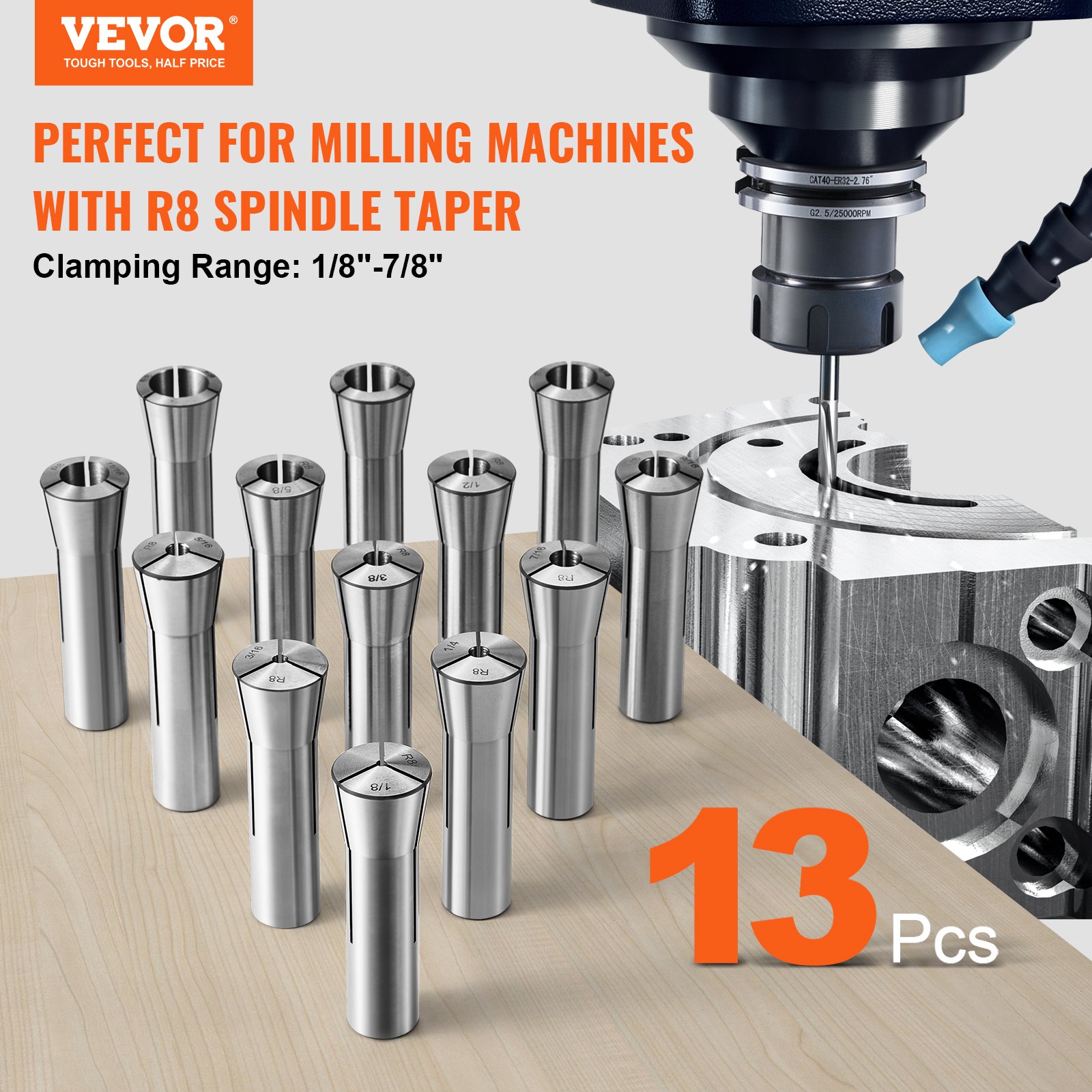 VEVOR 13 pcs Precision R8 Collet Set, 1/8'' - 7/8'', 45# Mill Collet Chuck 0.0012"/30μm TIR with 13 Labeled Storage Boxes, for Milling Machine Drill Presses Boring Machine Machining Center