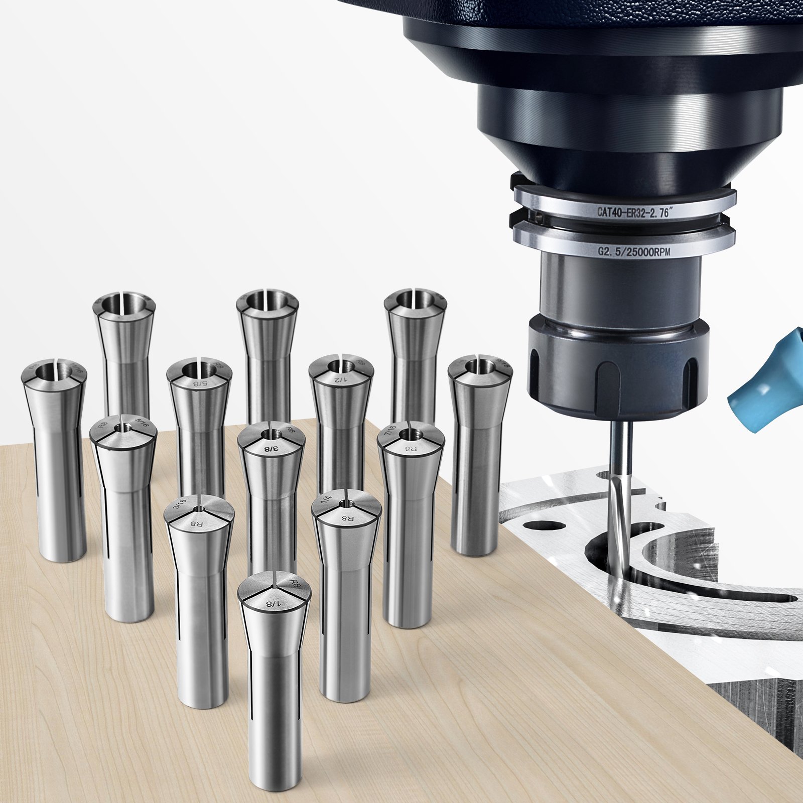 VEVOR 13 pcs Precision R8 Collet Set, 1/8'' - 7/8'', 45# Mill Collet Chuck 0.0012"/30μm TIR with 13 Labeled Storage Boxes, for Milling Machine Drill Presses Boring Machine Machining Center
