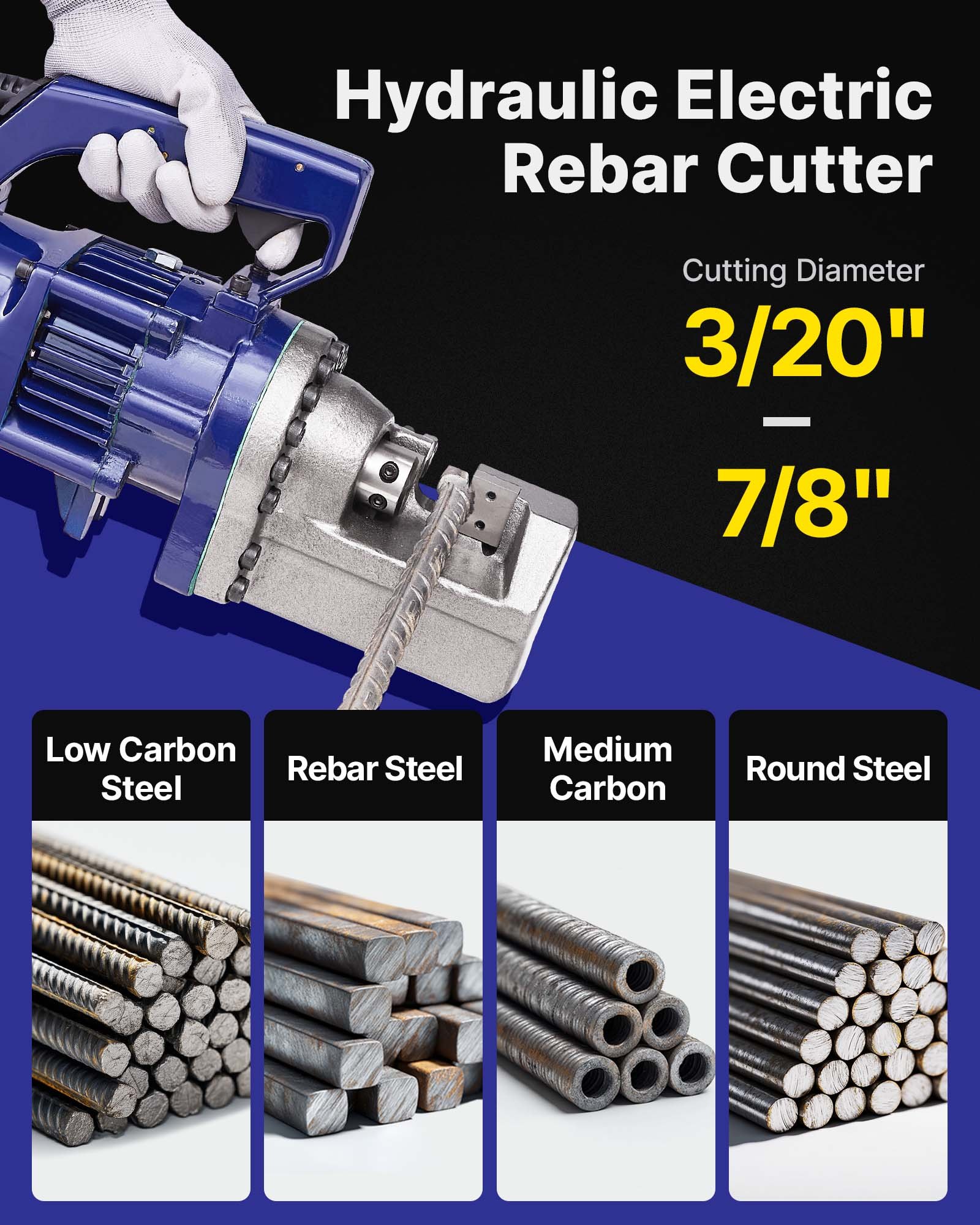 VEVOR Electric Rebar Cutter, 1350W Portable Electric Hydraulic Rebar Cutter, Cutting up to  7/8 Inch #7 4-22mm Rebar within 4.5 Seconds,110V,with Easy to Carry Stainless Box