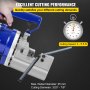 VEVOR electric rebar cutter with stopwatch and cutting specs on gray background.