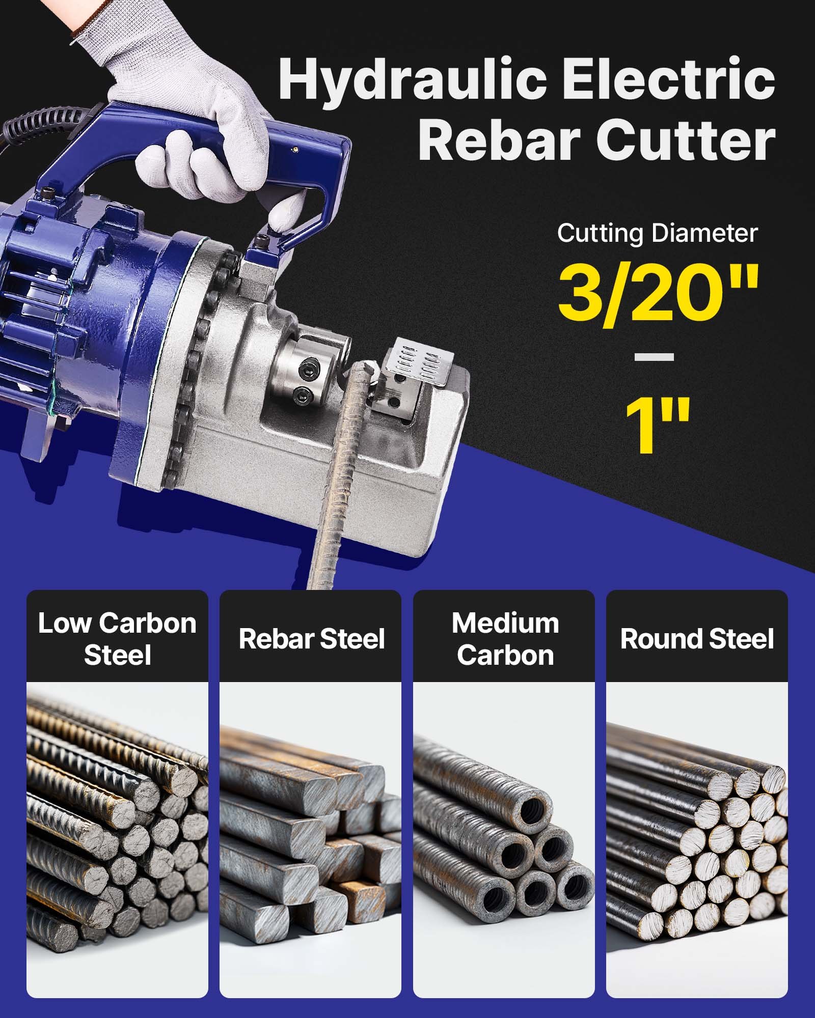 VEVOR Electric Rebar Cutter, 1700W Portable Electric Hydraulic Rebar Cutter, Cutting up to 1 Inch #8 4-25mm Rebar within 5 Seconds,110V,with Easy to Carry Stainless Box