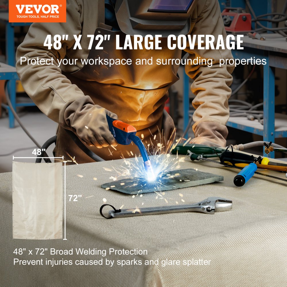 VEVOR welding blanket provides 48&quot; x 72&quot; broad coverage for workspace protection from sparks and spatter.
