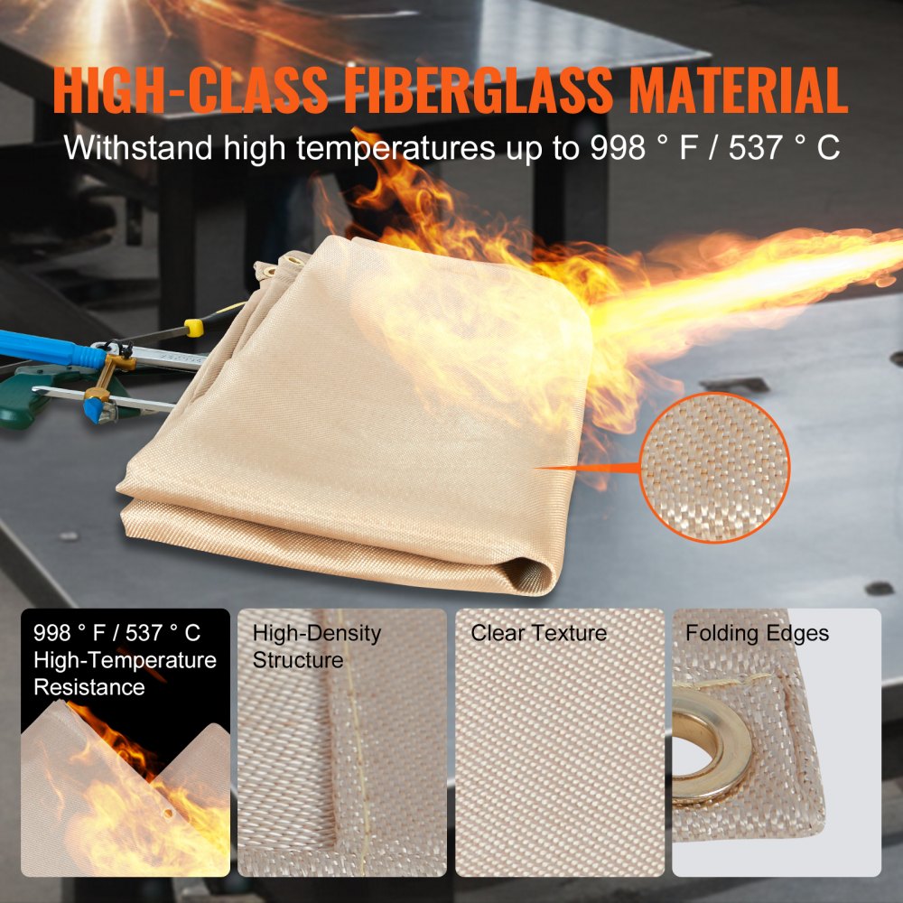 VEVOR welding blanket withstands high temperatures up to 998°f with high-density fiberglass material.
