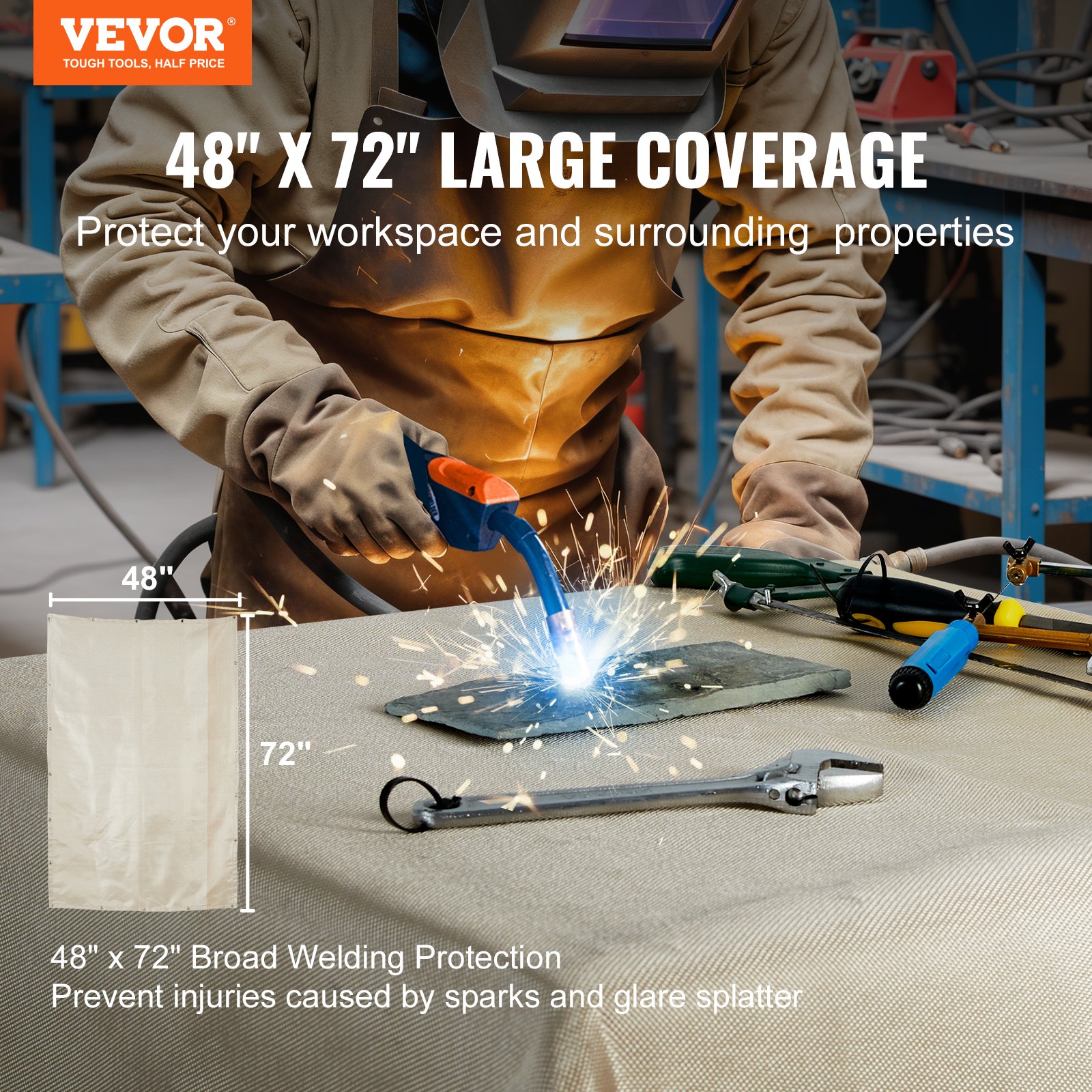 VEVOR welding blanket provides 48&quot; x 72&quot; broad coverage for workspace protection from sparks and spatter.