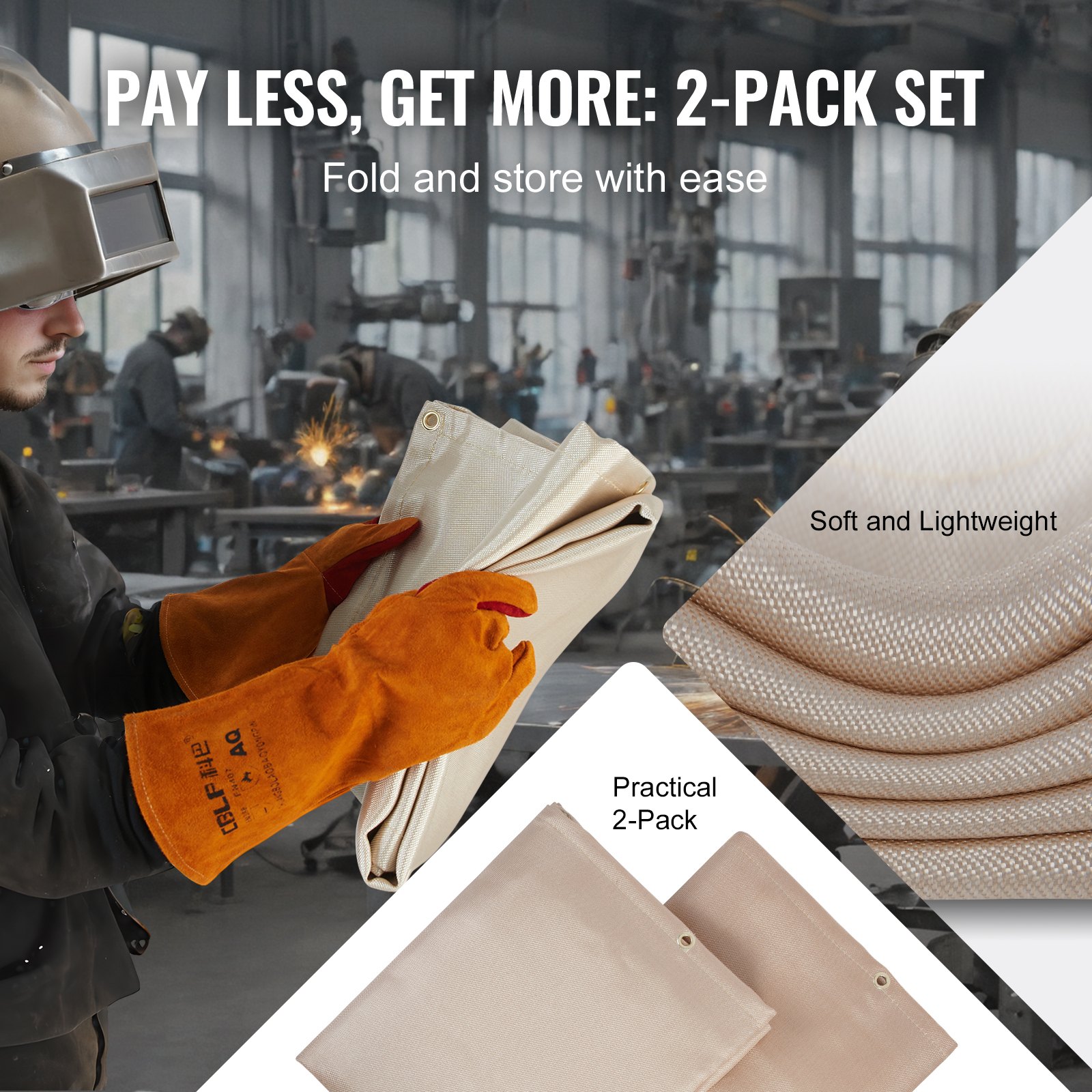 VEVOR welding blanket 2-pack set, soft and lightweight, easy to fold and store, showcased in a workshop.