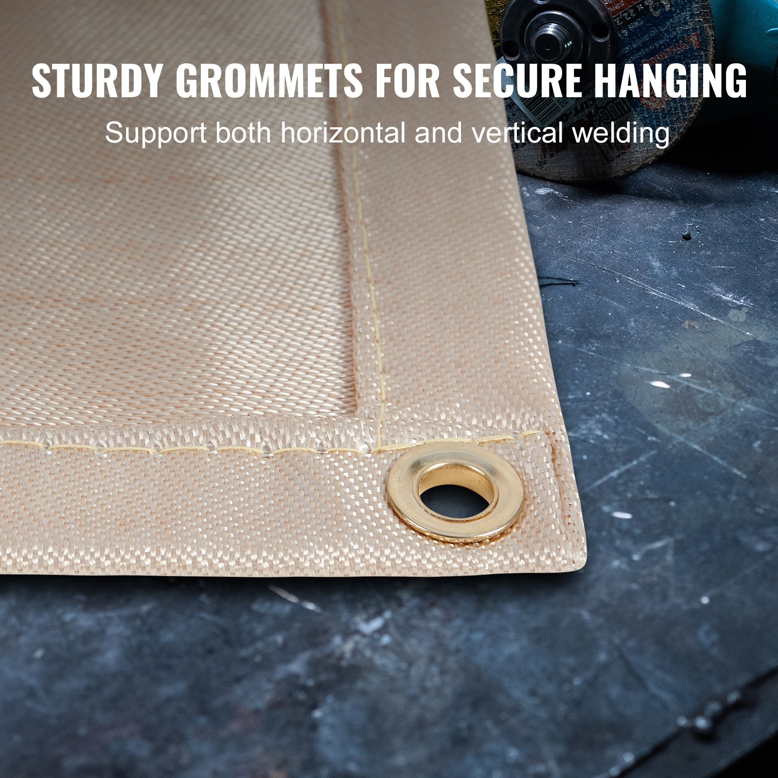 VEVOR welding blanket with sturdy grommets for secure hanging, supports horizontal and vertical welding.