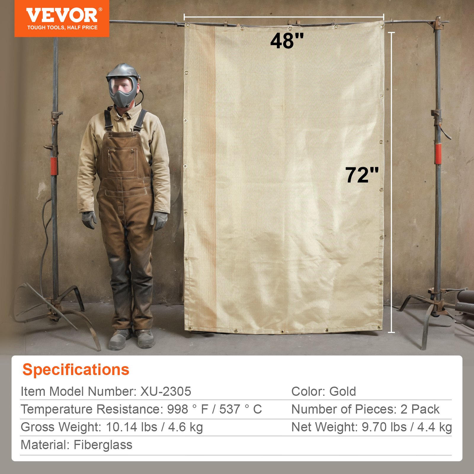 VEVOR welding blanket with dimensions 48&quot;x72&quot;, color gold, and temperature resistance up to 998°f.