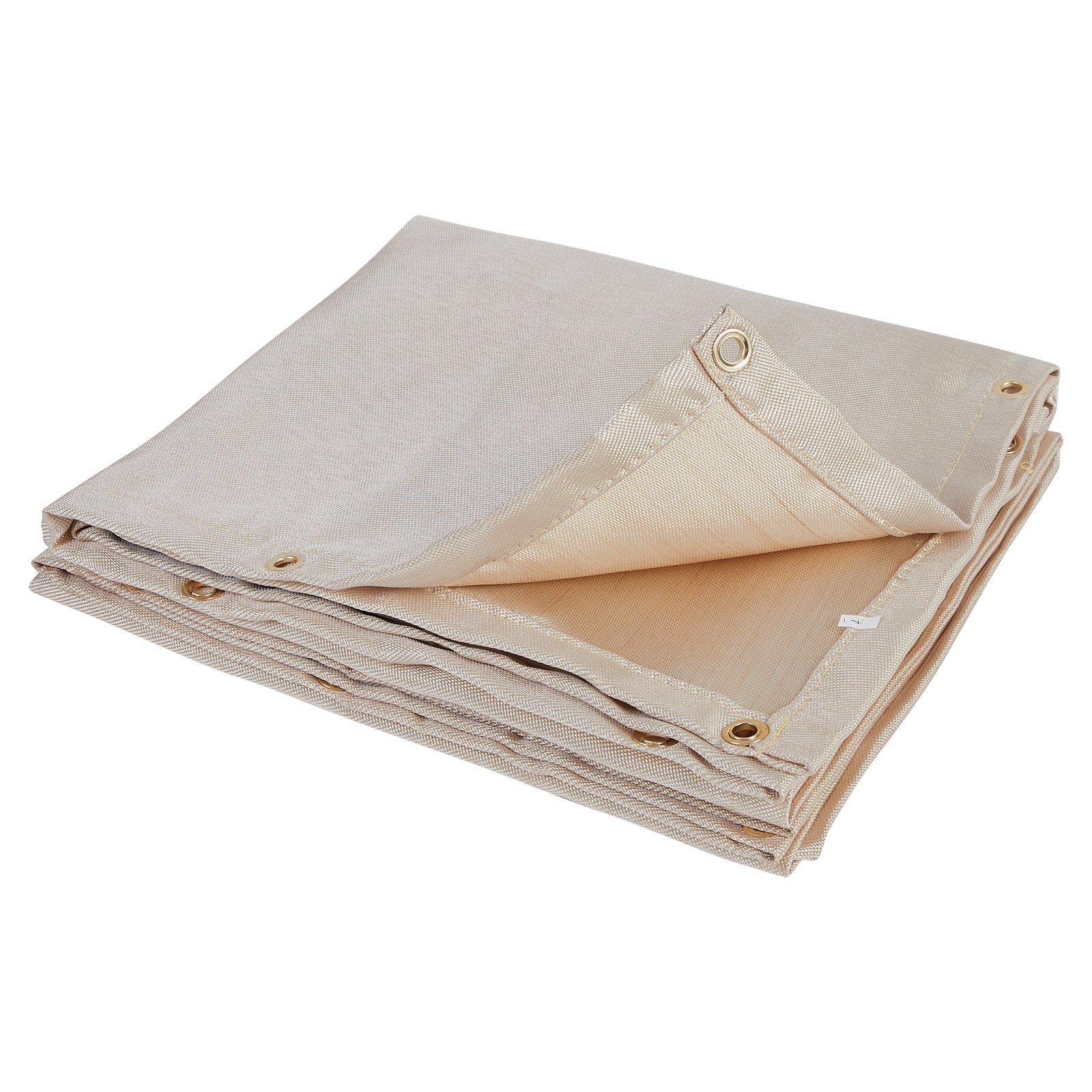 folded beige VEVOR welding blanket with brass grommets, neatly stacked, and corner folded to show texture.