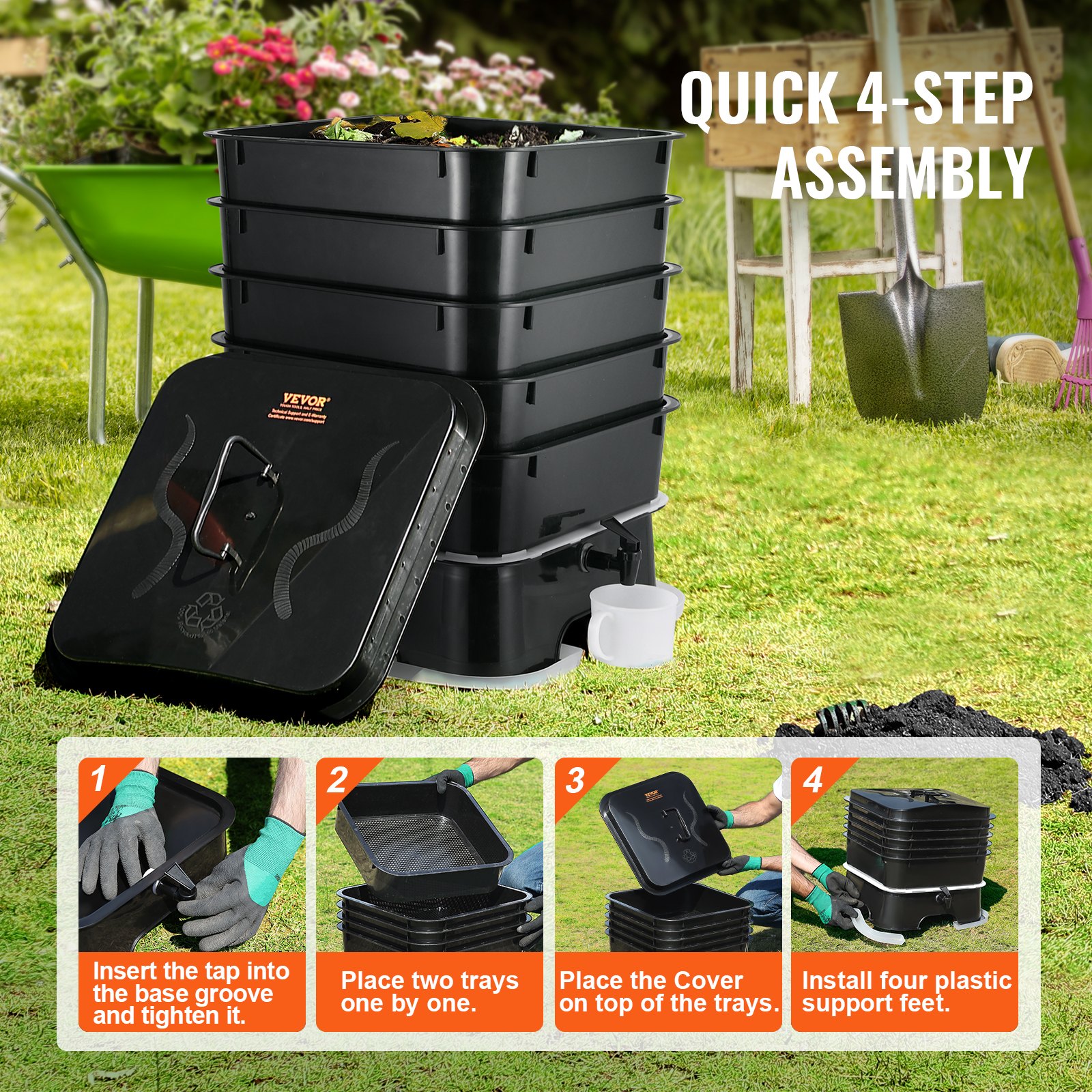 VEVOR 5-Tray Worm Composter, 50 L Worm Compost Bin Outdoor and Indoor, Sustainable Design Worm Farm Kit, for Recycling Food Waste, Worm Castings, Worm Tea, Vermiculture and Vermicomposting