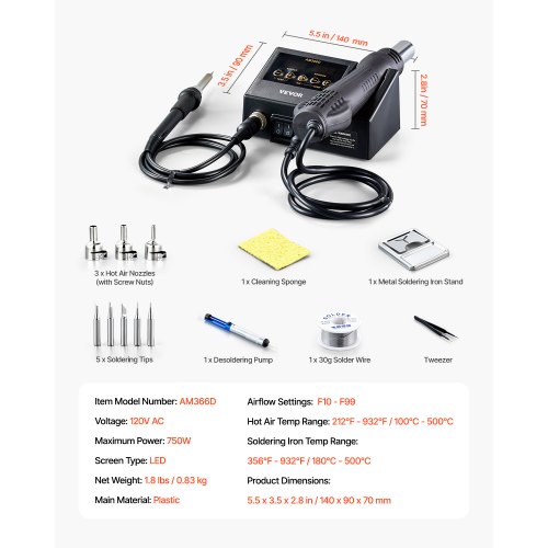 Station de soudure 2 en 1 Hoteche 💨 Air chaud + fer à souder ⚡ Puissance : • Pistolet air chaud : 750W • Fer à souder : 70W 🎯 Idéal