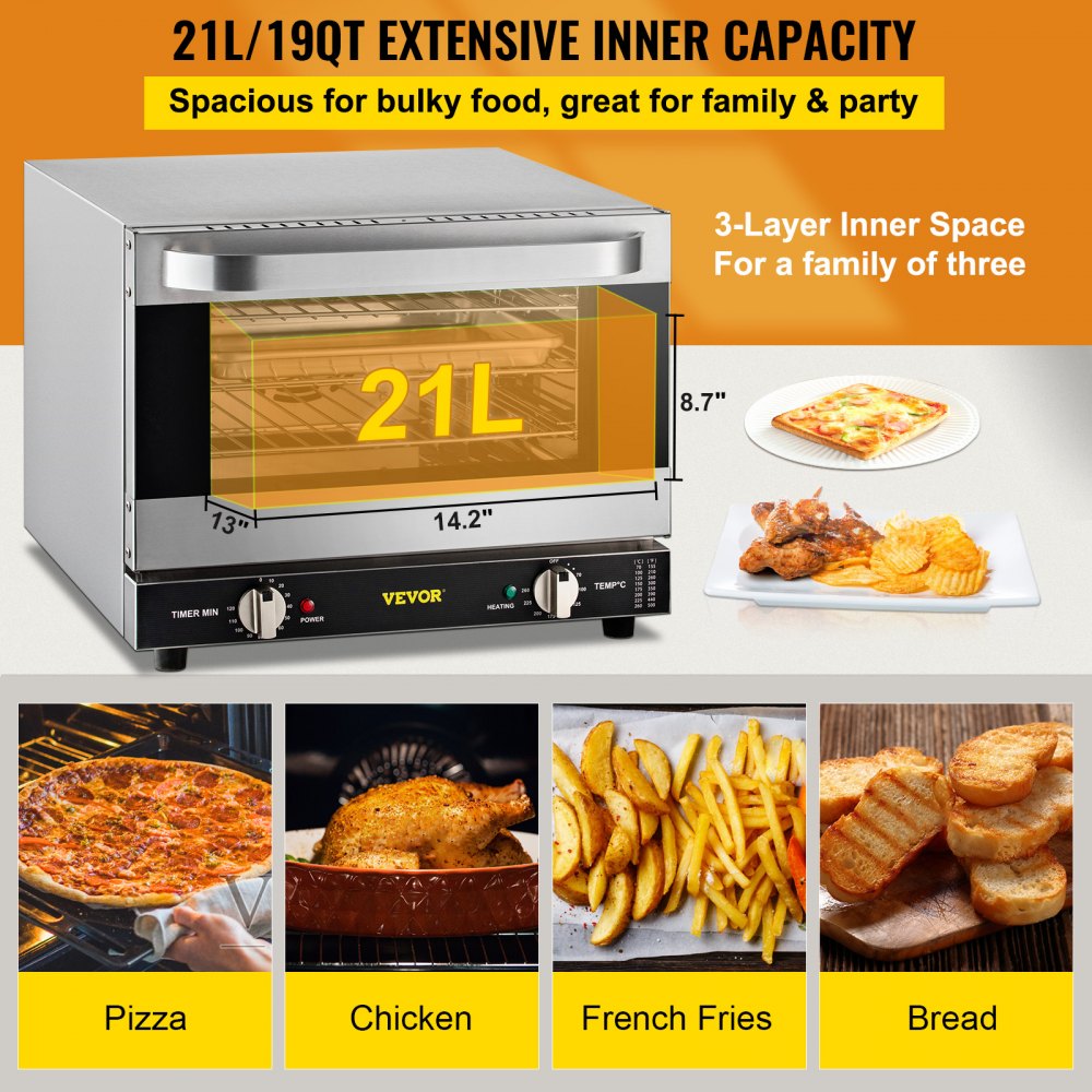 VEVOR Commercial Convection Oven, 21L/19Qt, Quarter-Size Conventional Oven Countertop, 1440W 3-Tier Toaster with Front Glass Door, Electric Baking Oven with Trays Wire Racks Clip Gloves, 120V, ETL Lis