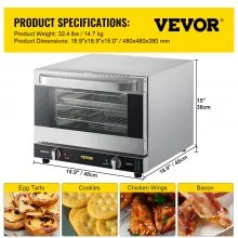 VEVOR Commercial Convection Oven, 21L/19Qt, Quarter-Size Conventional Oven Countertop, 1440W 3-Tier Toaster w/ Front Glass Door, Electric Baking Oven w/ Trays Wire Racks Clip Gloves, 120V, ETL Listed