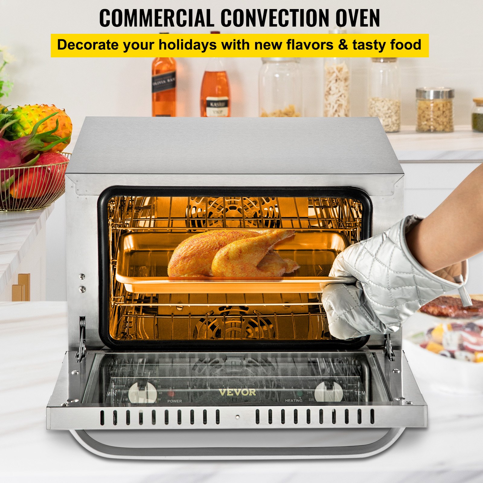 VEVOR Commercial Convection Oven, 21L/19Qt, Quarter-Size Conventional Oven Countertop, 1440W 3-Tier Toaster with Front Glass Door, Electric Baking Oven with Trays Wire Racks Clip Gloves, 120V, ETL Lis