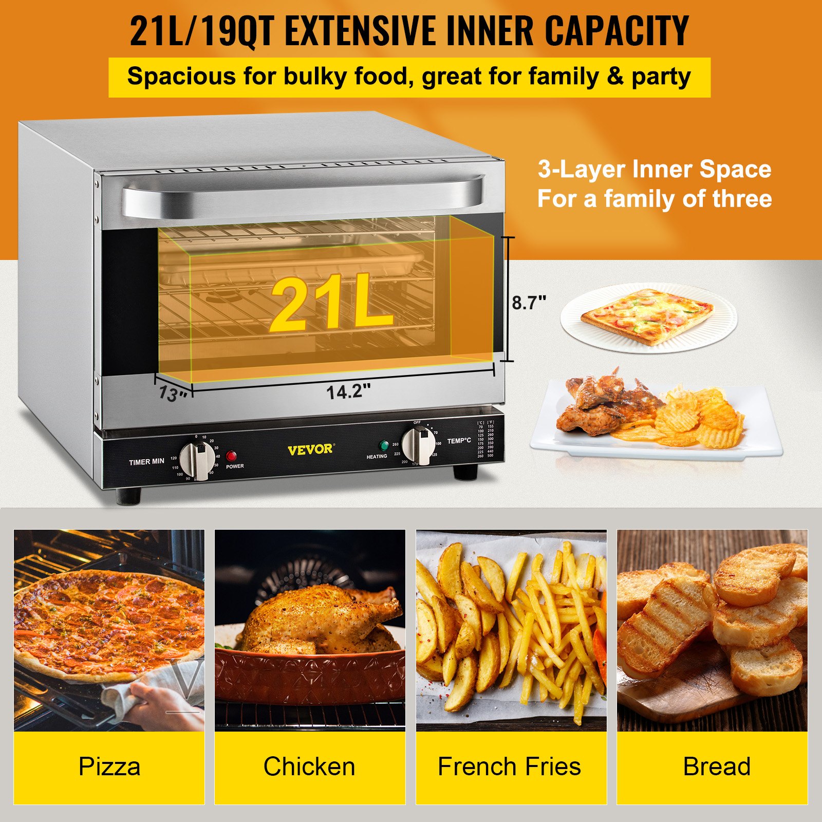 VEVOR Commercial Convection Oven, 21L/19Qt, Quarter-Size Conventional Oven Countertop, 1440W 3-Tier Toaster with Front Glass Door, Electric Baking Oven with Trays Wire Racks Clip Gloves, 120V, ETL Lis