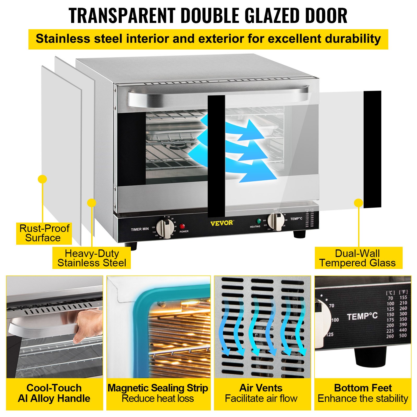 VEVOR Commercial Convection Oven, 21L/19Qt, Quarter-Size Conventional Oven Countertop, 1440W 3-Tier Toaster with Front Glass Door, Electric Baking Oven with Trays Wire Racks Clip Gloves, 120V, ETL Lis