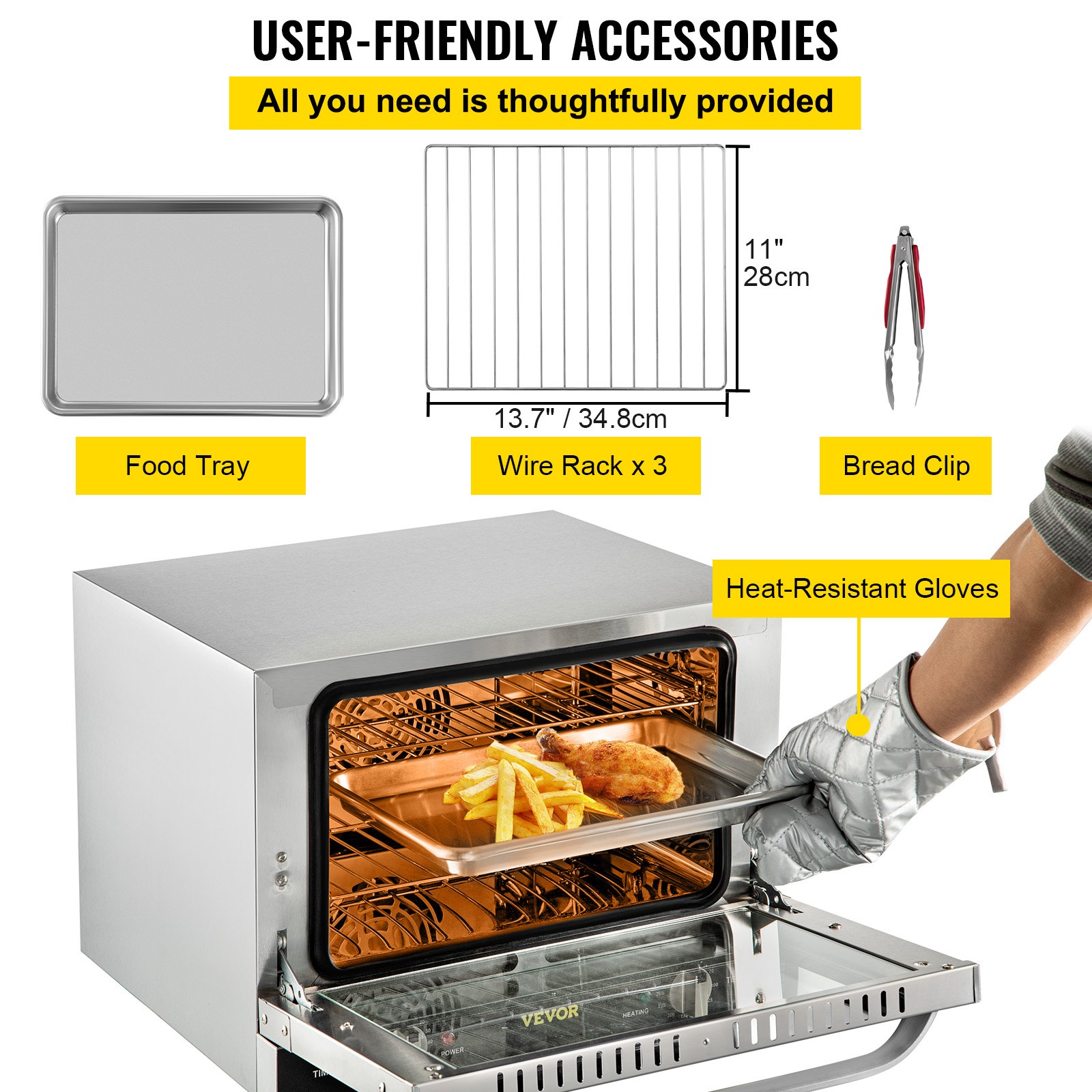 VEVOR Commercial Convection Oven, 21L/19Qt, Quarter-Size Conventional Oven Countertop, 1440W 3-Tier Toaster with Front Glass Door, Electric Baking Oven with Trays Wire Racks Clip Gloves, 120V, ETL Lis