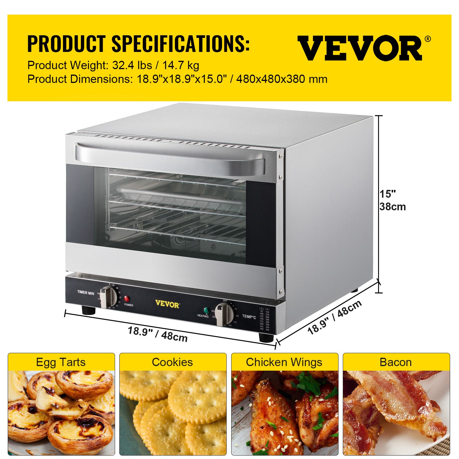VEVOR Commercial Convection Oven, 21L/19Qt, Quarter-Size Conventional Oven Countertop, 1440W 3-Tier Toaster with Front Glass Door, Electric Baking Oven with Trays Wire Racks Clip Gloves, 120V, ETL Lis