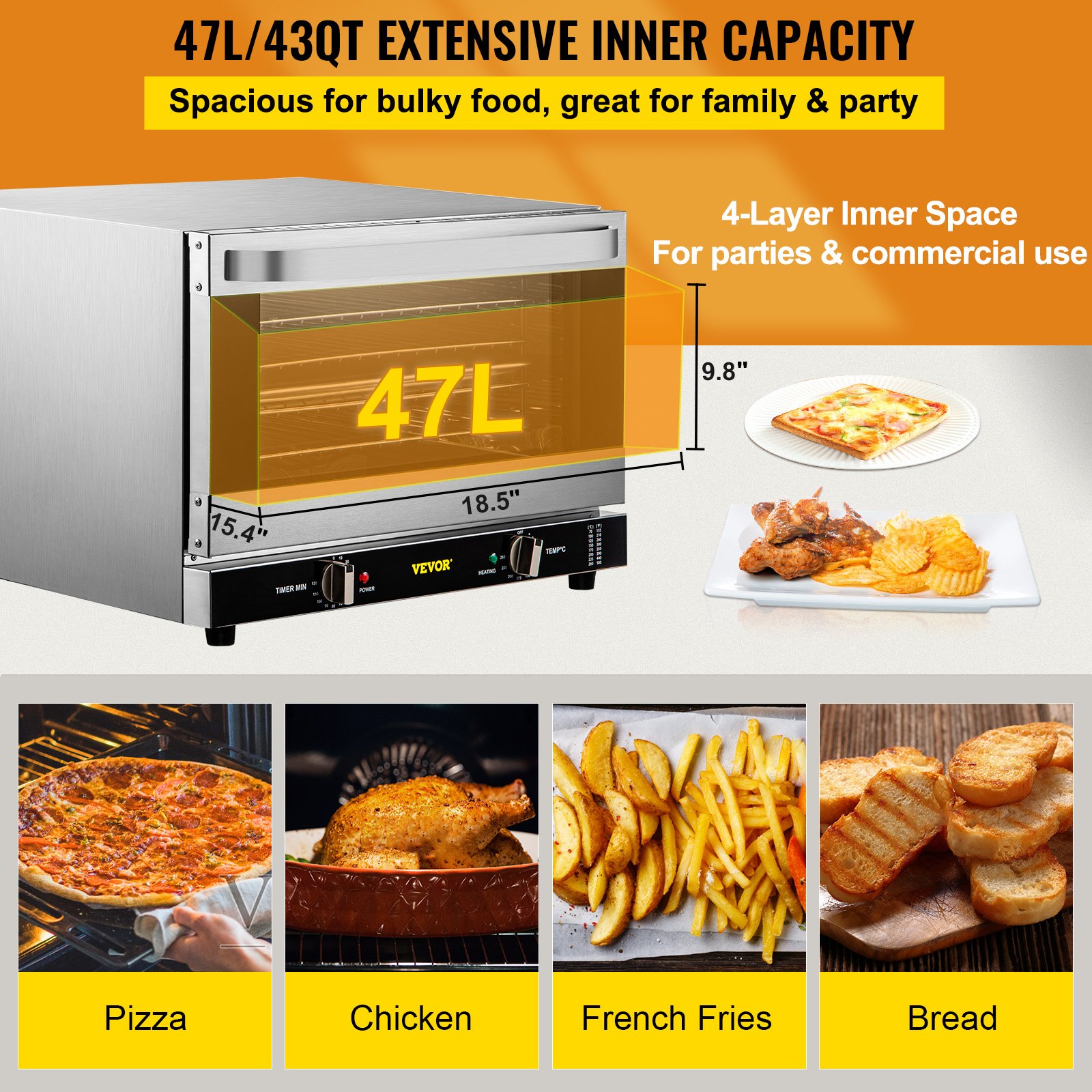 Commercial Convection Oven, 47L/43Qt, Half-Size Conventional Oven Countertop, 1600W 4-Tier Toaster w/ Front Glass Door, Electric Baking Oven w/ Trays Wire Racks Clip Gloves, 120V, ETL Listed Commercial Convection Oven, 47L/43Qt, Half-Size Conventional Oven Countertop, 1600W 4-Tier Toaster w/ Front Glass Door, Electric Baking Oven w/ Trays Wire Racks Clip Gloves, 120V, ETL Listed