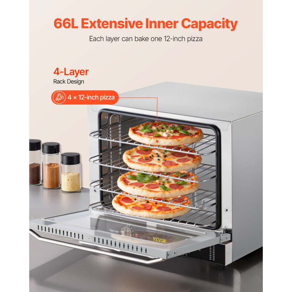 VEVOR Commercial Convection Oven, 66L/60Qt, Half-Size Conventional Oven Countertop, 1800W 4-Tier Toaster w/Front Glass Door, Electric Baking Oven with Tray & Wire Racks (120V, 5-15P Plug & Outlet)