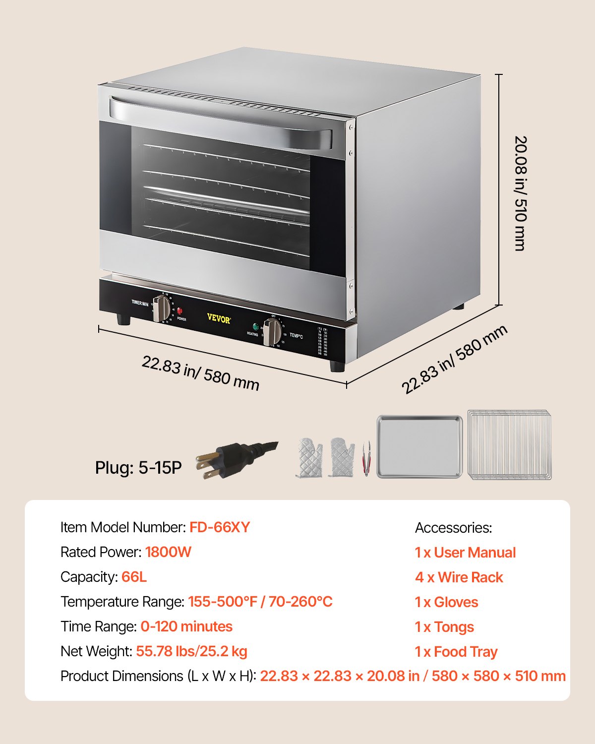 VEVOR Commercial Convection Oven, 66L/60Qt, Half-Size Conventional Oven Countertop, 1800W 4-Tier Toaster w/Front Glass Door, Electric Baking Oven with Tray & Wire Racks (120V, 5-15P Plug & Outlet)