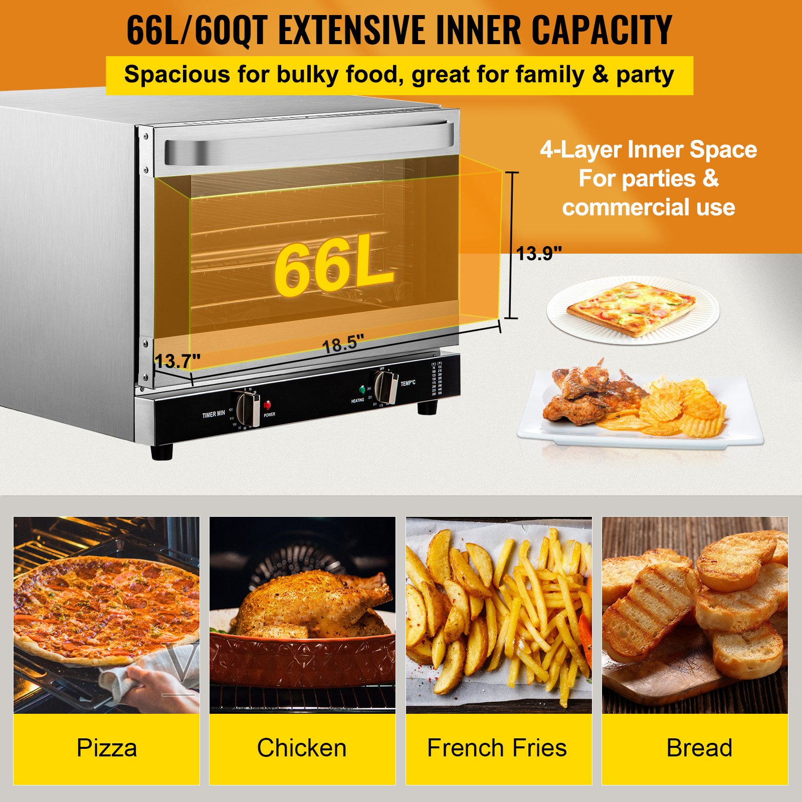 Commercial Convection Oven, 66L/60Qt, Half-Size Conventional Oven Countertop, 1800W 4-Tier Toaster w/ Front Glass Door, Electric Baking Oven w/ Trays Wire Racks Clip Gloves, 120V, ETL Listed Commercial Convection Oven, 66L/60Qt, Half-Size Conventional Oven Countertop, 1800W 4-Tier Toaster w/ Front Glass Door, Electric Baking Oven w/ Trays Wire Racks Clip Gloves, 120V, ETL Listed