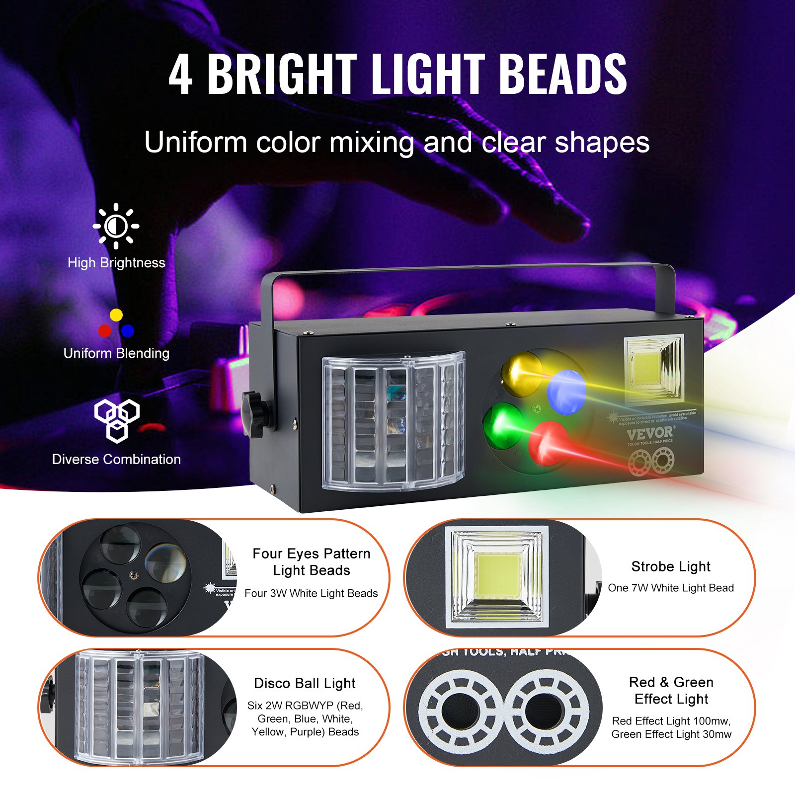 VEVOR Stage Lights, 4 in 1 RGB Party Lights, LED Pattern Strobe Light, Mixed Lighting Effects Sound Activated with Red & Green Effect Light for DJ Club Disco Party Wedding Birthday Christmas (Black)