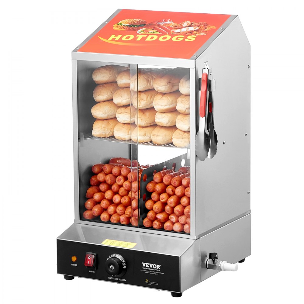 VEVOR Commercial Hot Dog Steamer 2-Tier Electric Bun Warmer 37L Slide Doors