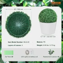 VEVOR Artificial Topiaries Boxwood Trees, 50.8 cm Tall (2 Pieces), Ball-Shape Faux Topiaries Plant, All-year Green Feaux Plant Decorative Balls for Backyard, Balcony, Garden, Wedding and Home Décor