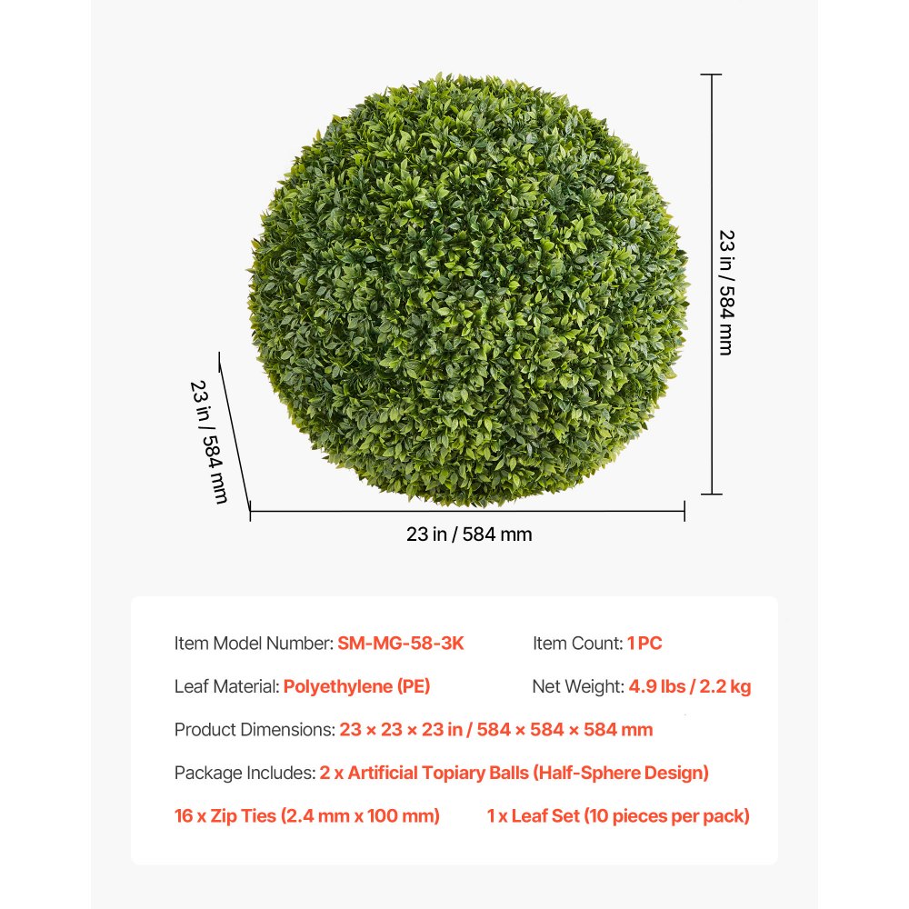 VEVOR Artificial Topiary Ball, 584mm Faux Boxwood Plant Balls, Fake Silk Tree Look Real, Easy Assembly for Decor Front Porch Outdoor Patio Garden Balcony Backyard and Indoor Home Wedding, Green