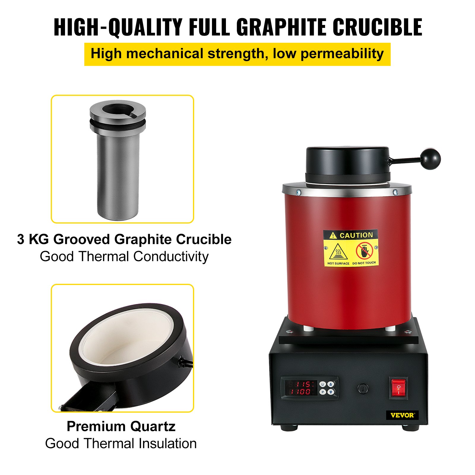VEVOR Electric Melting Furnace, 3KG Digital Electric Melting Furnace, 1750W 1150℃/2102 ℉ Gold Smelter Furnace W/ Graphite Crucible Casting Refining Jewelry Precious Metals Gold Silver Copper Aluminu