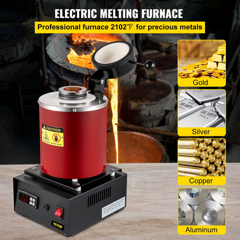 2100W Electric Gold Melting Furnace with 3KG Graphite Crucible for Melt  Scrap, 2100F Digital Metal Smelting Machine with Mesh Guard, Silver, Gold