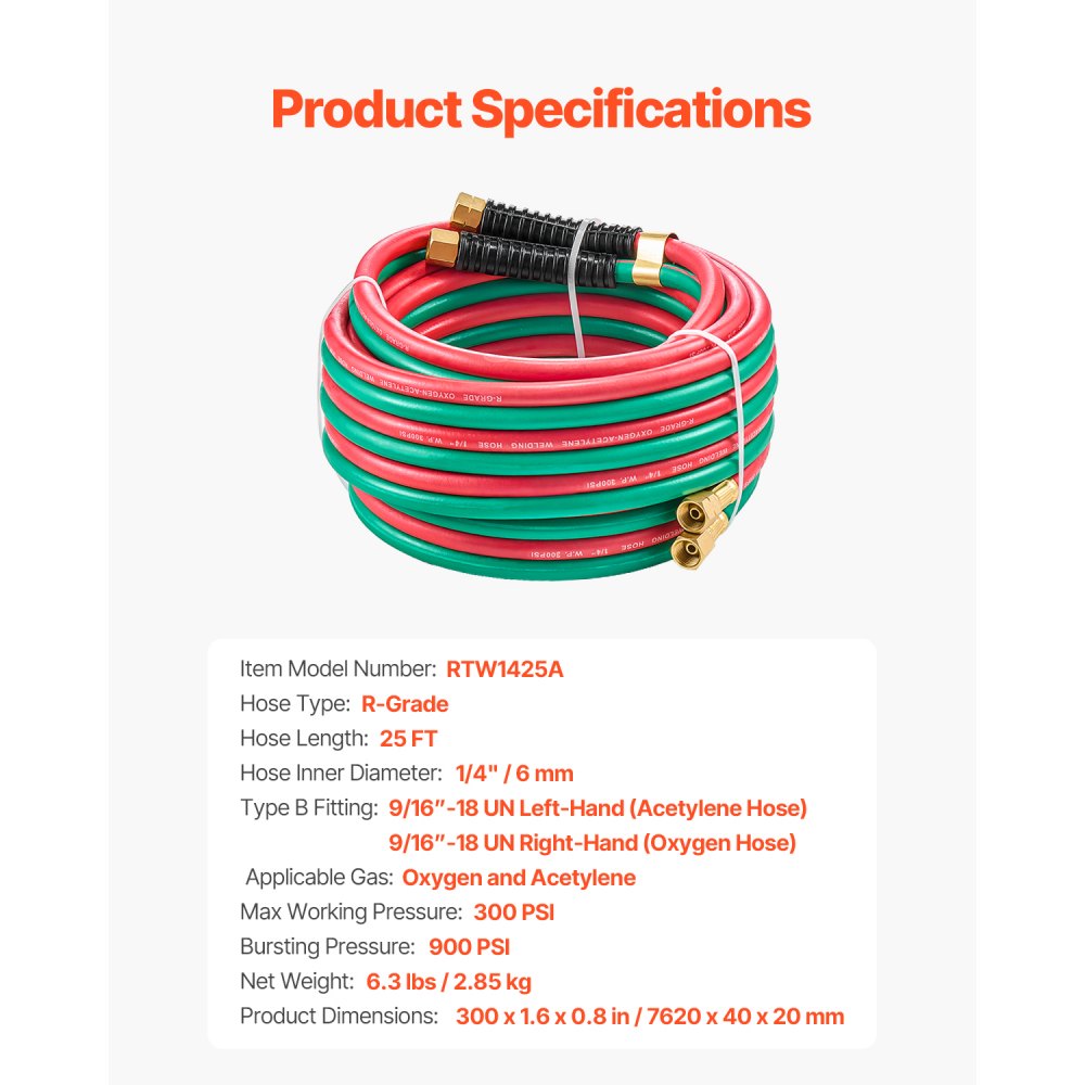 VEVOR Oxygen Acetylene Hose, 1/4-Inch x 25FT Oxy Acetylene Hose with 9/16"-18 LH/RH B Fittings, R Grade Welding Torch Twin Hose with 300PSI Maximum Working Pressure for Cutting Soldering Brazing