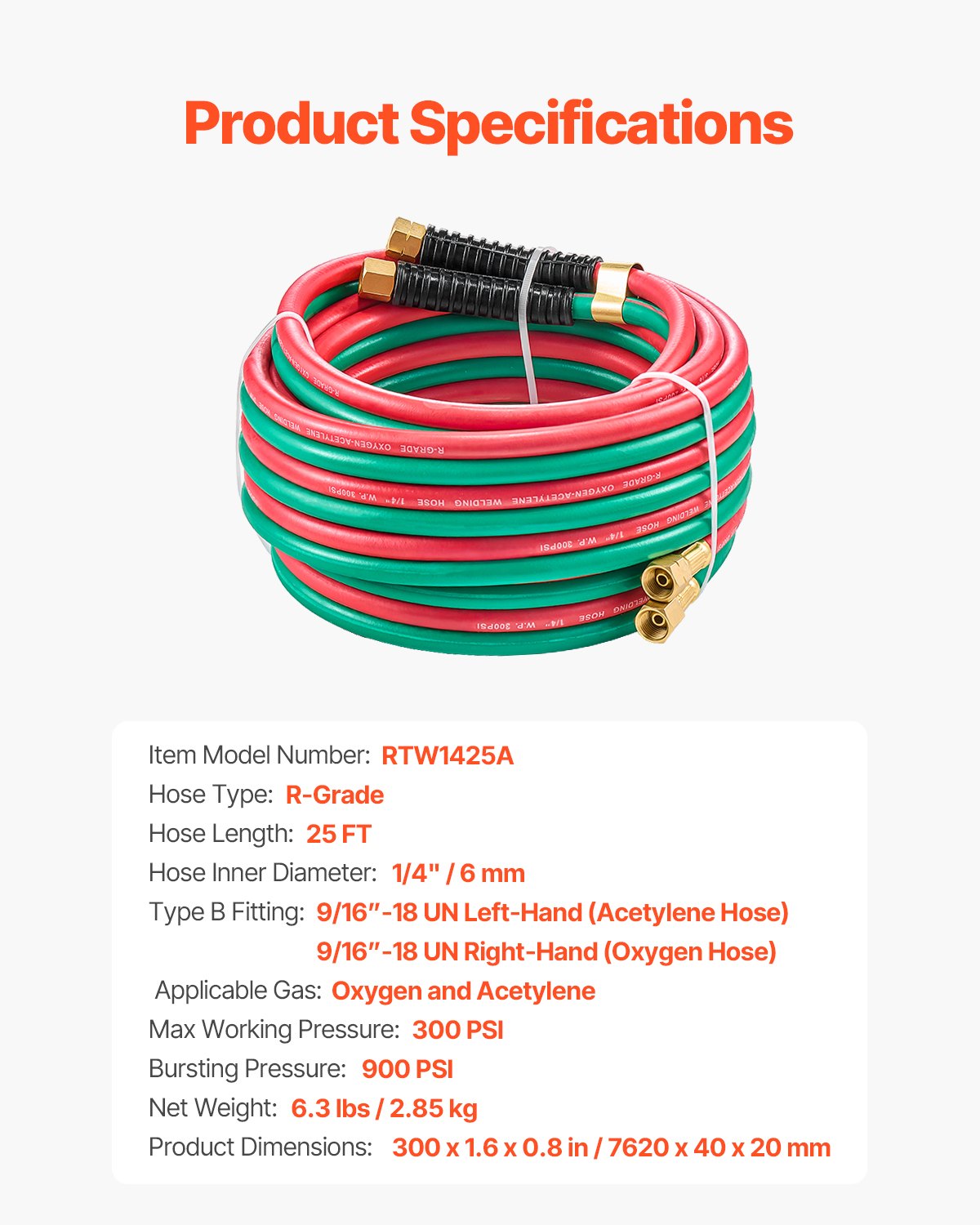 VEVOR Oxygen Acetylene Hose, 1/4-Inch x 25FT Oxy Acetylene Hose with 9/16"-18 LH/RH B Fittings, R Grade Welding Torch Twin Hose with 300PSI Maximum Working Pressure for Cutting Soldering Brazing