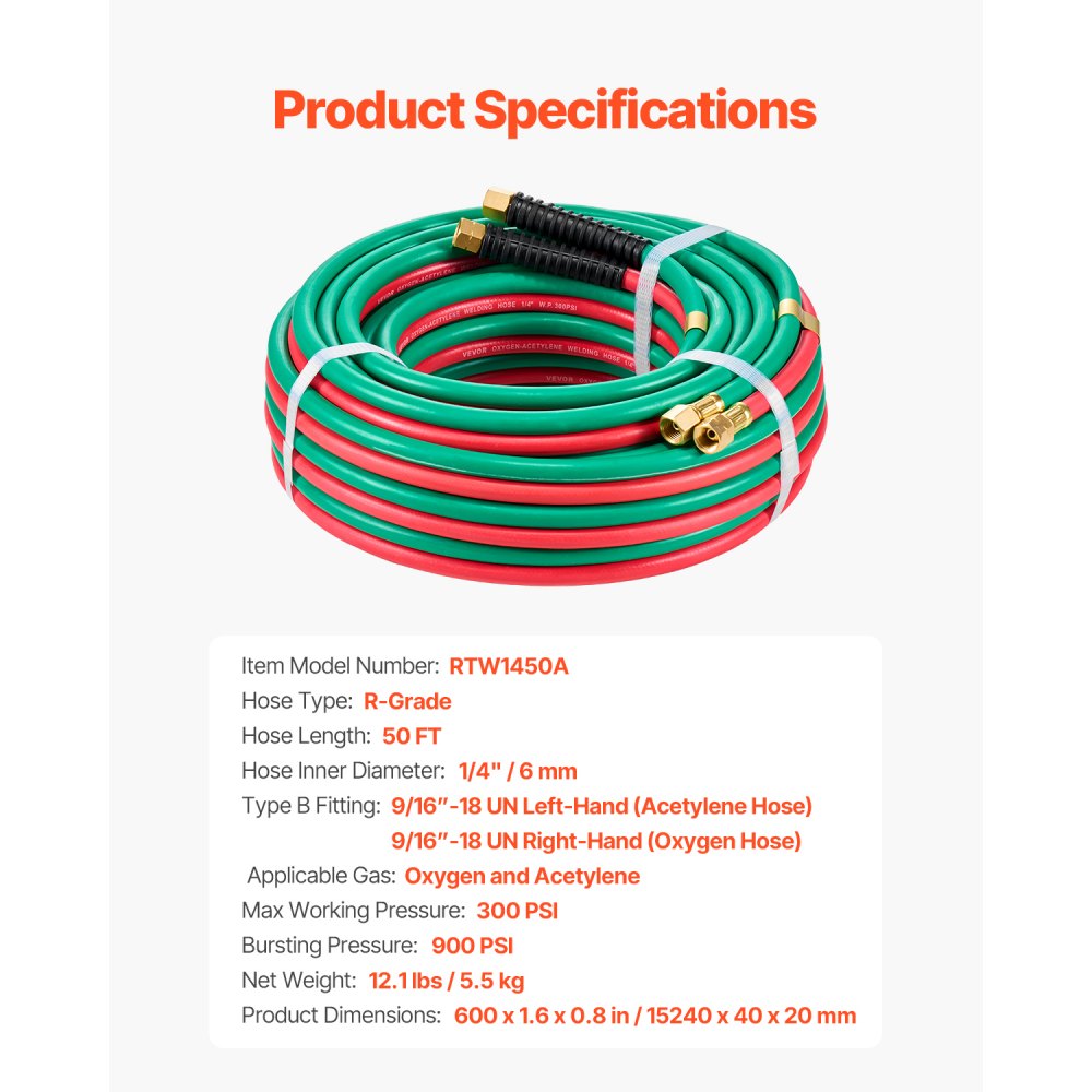 VEVOR Oxygen Acetylene Hose, 1/4-Inch x 50FT Oxy Acetylene Hose with 9/16"-18 LH/RH B Fittings, R Grade Welding Torch Twin Hose with 300PSI Maximum Working Pressure for Cutting Soldering Brazing