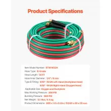 Oxygen Acetylene Hose 1/4-Inch x 50FT R Grade Hose 300PSI Max Working Pressure