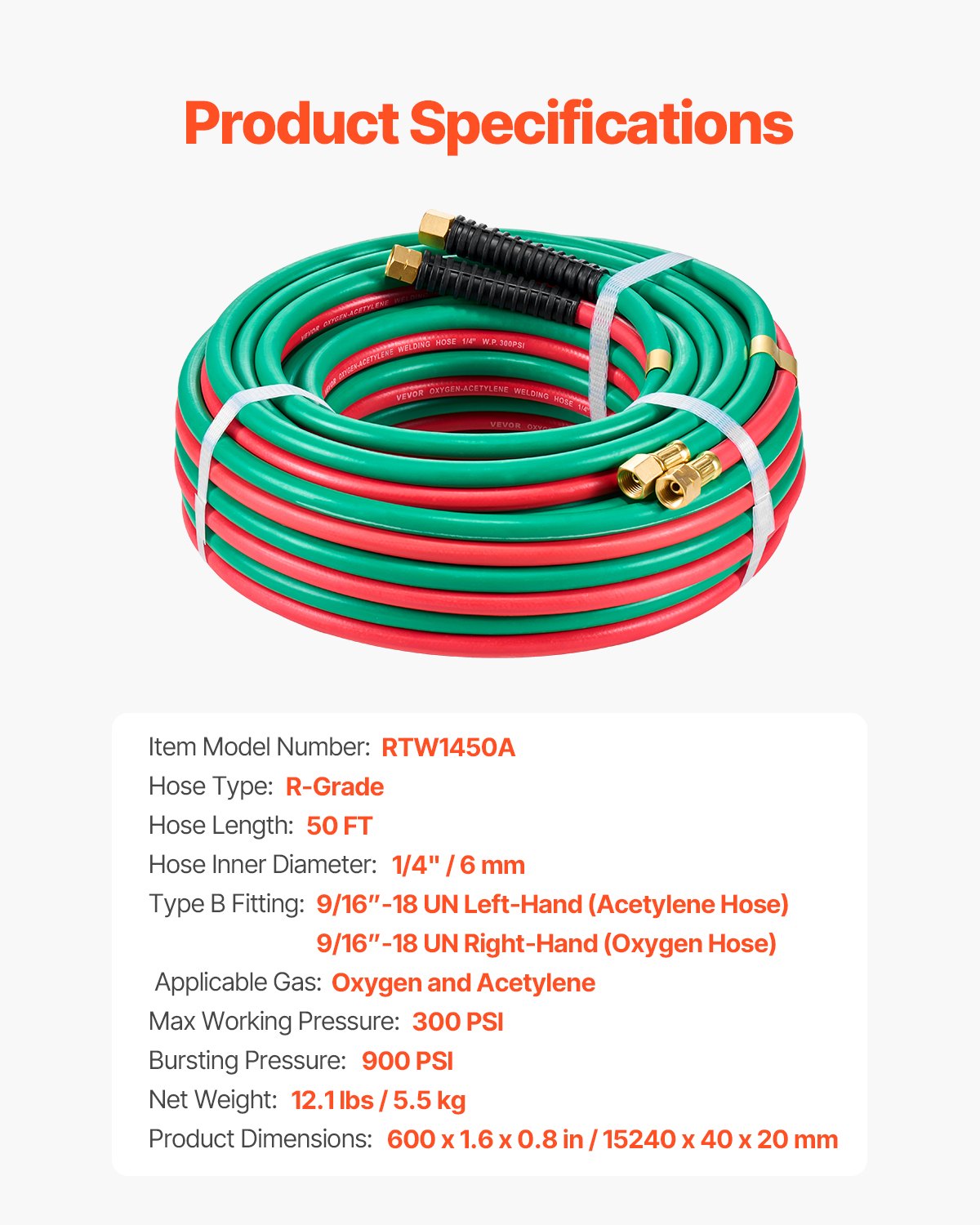 VEVOR Oxygen Acetylene Hose, 1/4-Inch x 50FT Oxy Acetylene Hose with 9/16"-18 LH/RH B Fittings, R Grade Welding Torch Twin Hose with 300PSI Maximum Working Pressure for Cutting Soldering Brazing